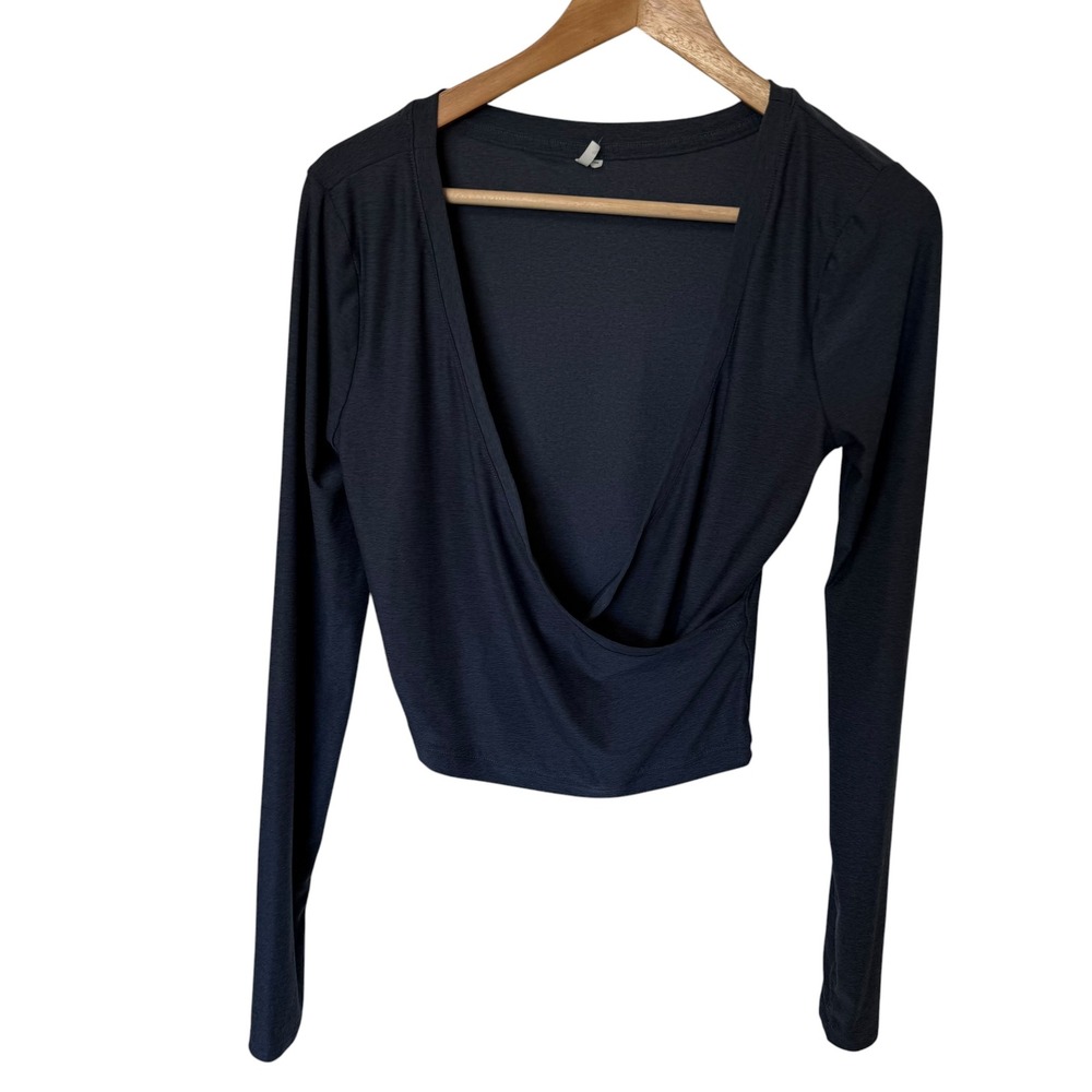Cloudmotion Wrap Front Crop Top Womens Small Dark Gray Long Sleeve V-Neck Top